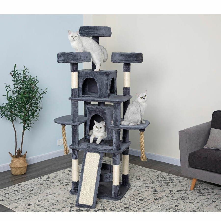 Clearance * New! Go Pet Club 70 In. Jungle Rope Cat Tree House With Sisal Covered Scratchers, Compressed Wood, Faux Fur Finish, Gray