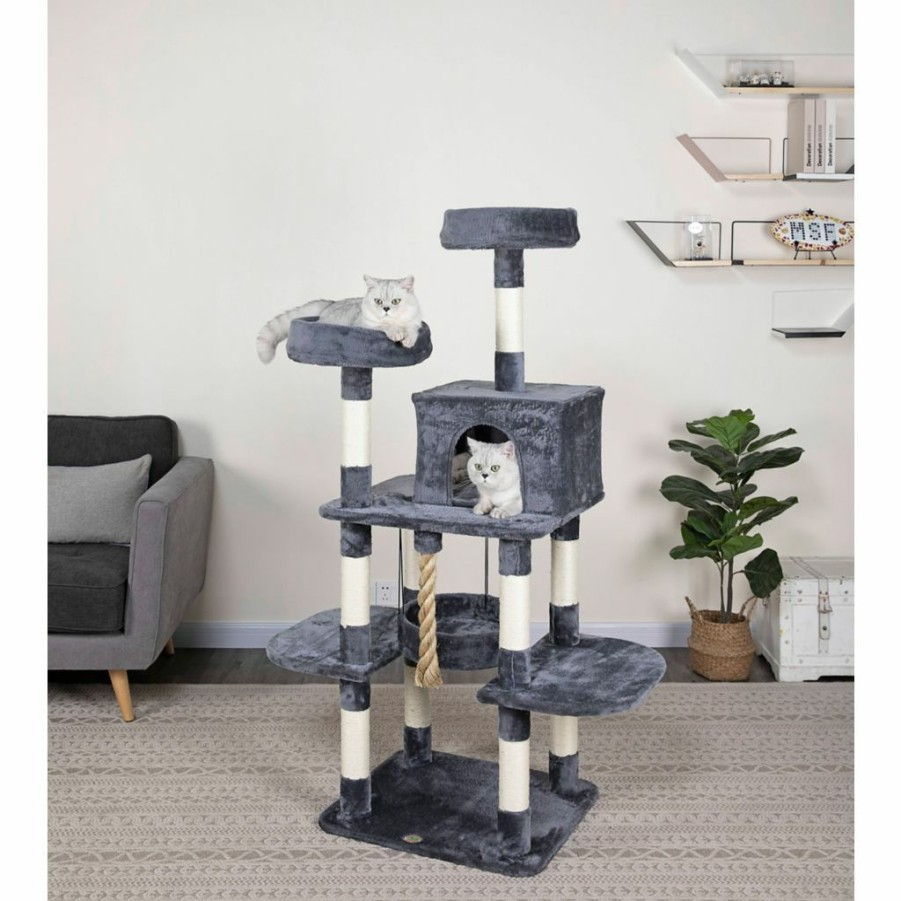 Online * New! Go Pet Club 61.5 In. Jungle Rope Cat Tree With Sisal Covered Posts, Compressed Wood, Faux Fur Finish, Gray